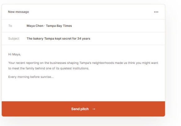 TAIPR’s public example of a personalized media pitch ready for user review and sending