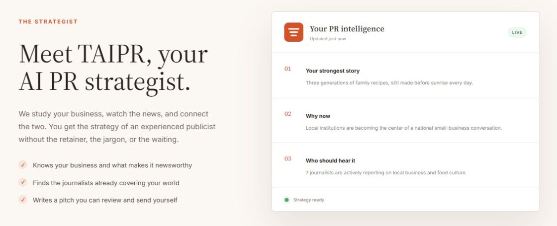 TAIPR’s landing-page preview showing story strategy, news relevance, and journalist matching